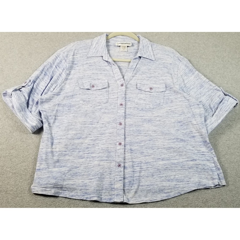 Cathy Daniels Button Up Shirt Womens XL Blue Space Dye Short Sleeve Pockets Knit